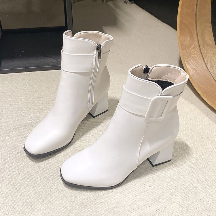 W inverno botas curtas Mid-Tube temperamento moda salto grosso botas femininas dedo do pé quadrado zíper lateral botas n