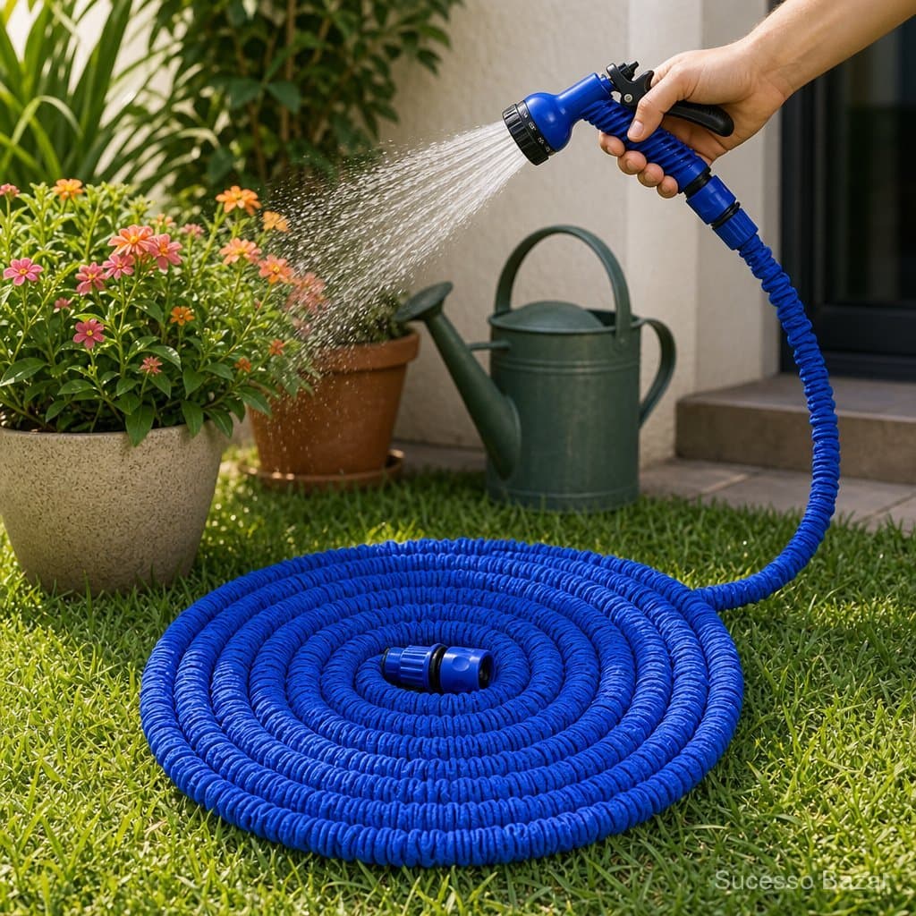 15M Mangueira Mágica Expansível Azul com Esguicho para Lavagem de Carro Quintal Jardim