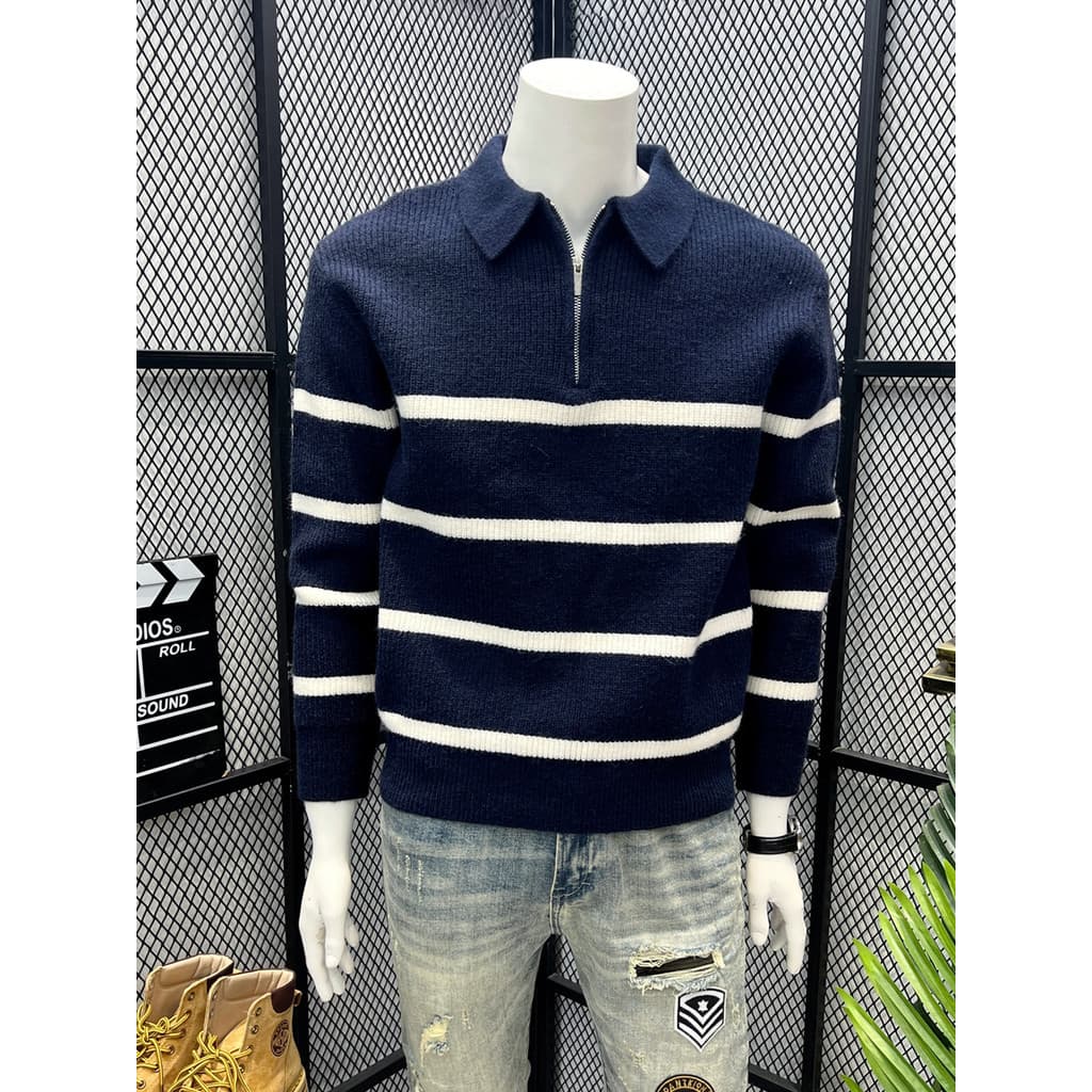 Meio zíper listrado engrossado camisola masculina outono inverno 2025 novo estilo na moda All-Match quente