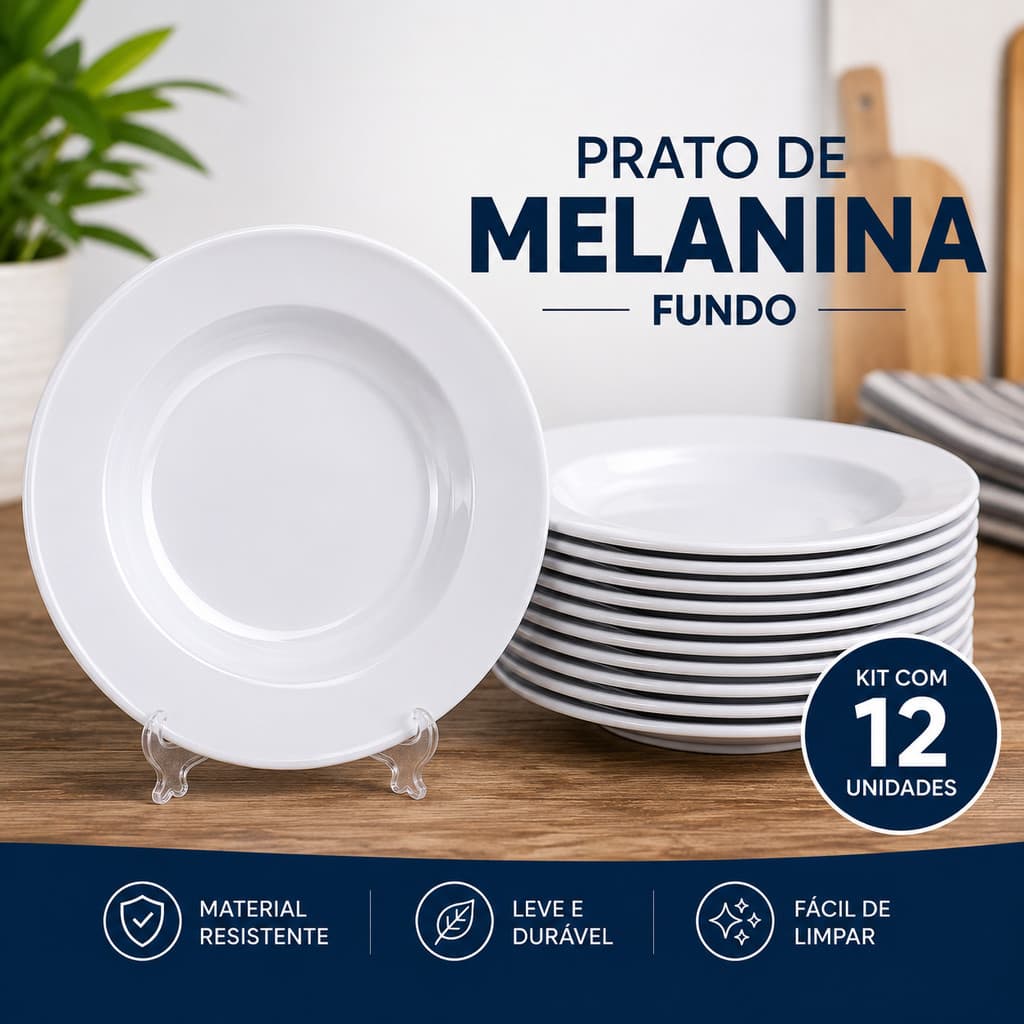 Kit 12 Pratos Fundos Melanina Branco 23CM Resistente Restaurante