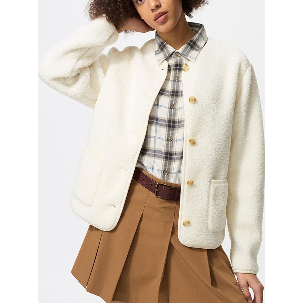 Site Oficial 199!Feminino quente imitação de lã de cordeiro Polar velo em torno do pescoço Cardigan jaqueta de manga lon