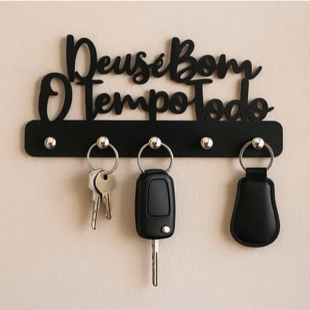Porta Chaves Decorativo MDF Parede 5 Ganchos Frase Deus é Bom