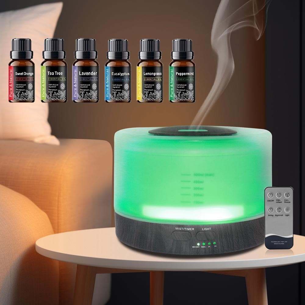 Difusor de óleos essenciais de 16,91 oz, máquina de aromaterapia, umidificador, luz ambiente LED, inclui 6 óleos essenci