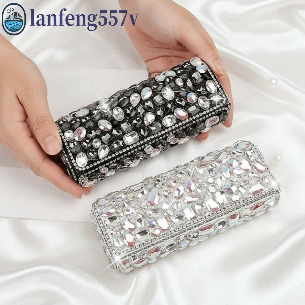 LANFENG Estojo Para Óculos Com Incrustações De Strass , Organizador De Preto De Cristal Brilhante De Couro , À Prova De