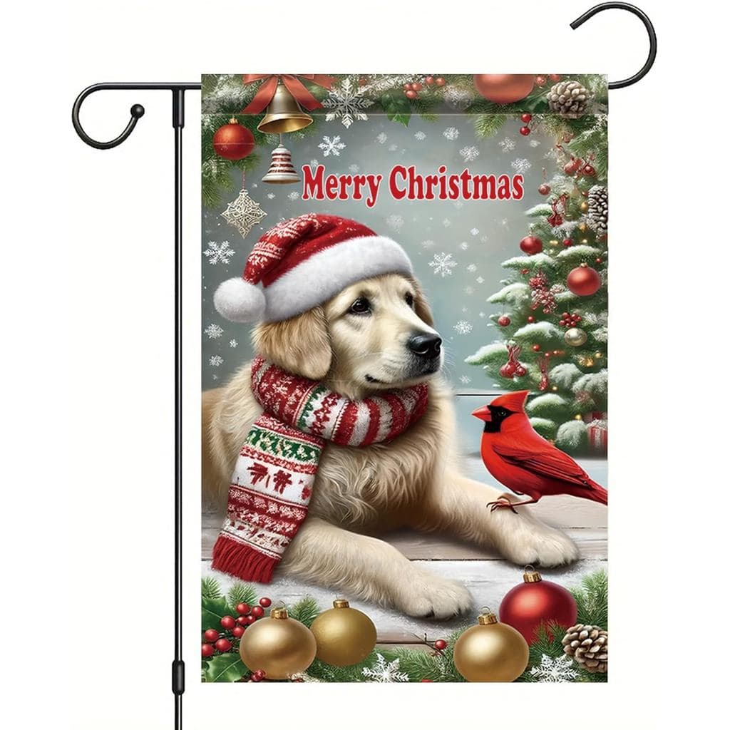 Bandeira de Natal para Jardim com Golden Retriever 12x18 Polegadas, Dupla Face, Decoração Externa para Quintal, Cão de I