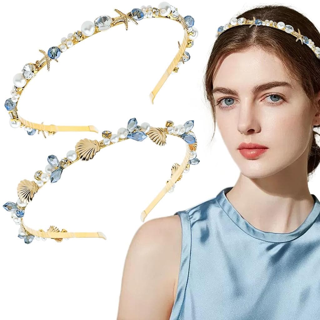 Aswewamt 2 Peças de Tiara de Sereia com Conchas e Estrelas-do-mar, Faixas de Cabelo com Pérolas, Cristais e Strass, Aces