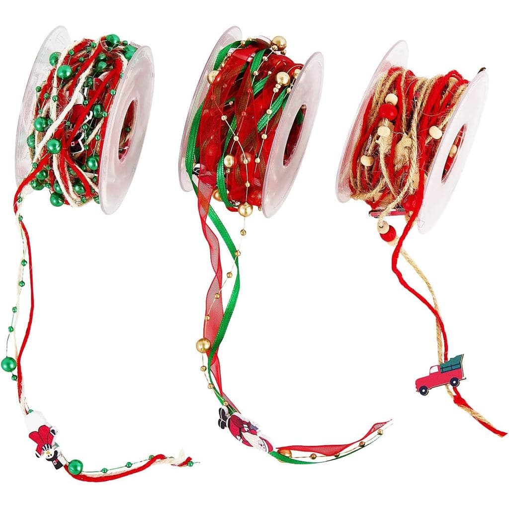 baotongle 3 Rolos de Fita de Natal com Pérolas de 5 Metros, Corda Decorativa para Árvore de Natal com Papai Noel e Bonec