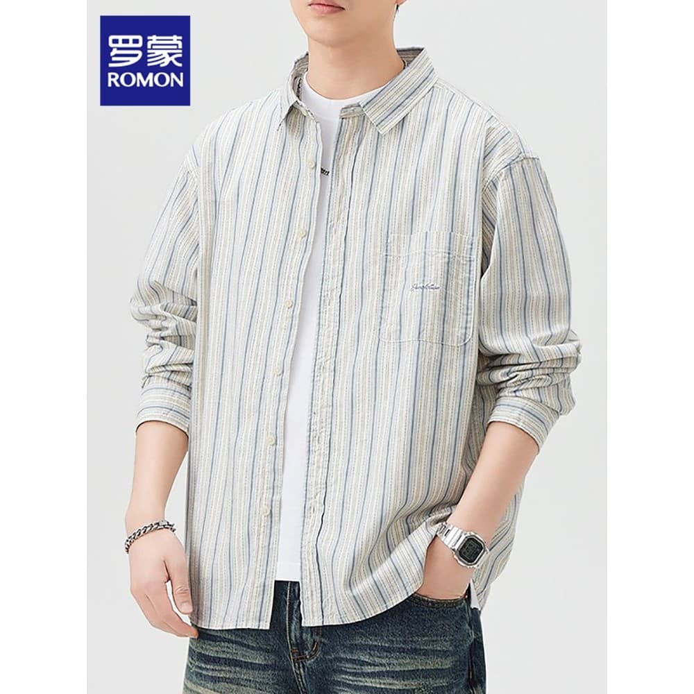 Lomon High-End listrado camisa de manga comprida masculina 2026 primavera verão novo estilo Casual solto camisa de algod