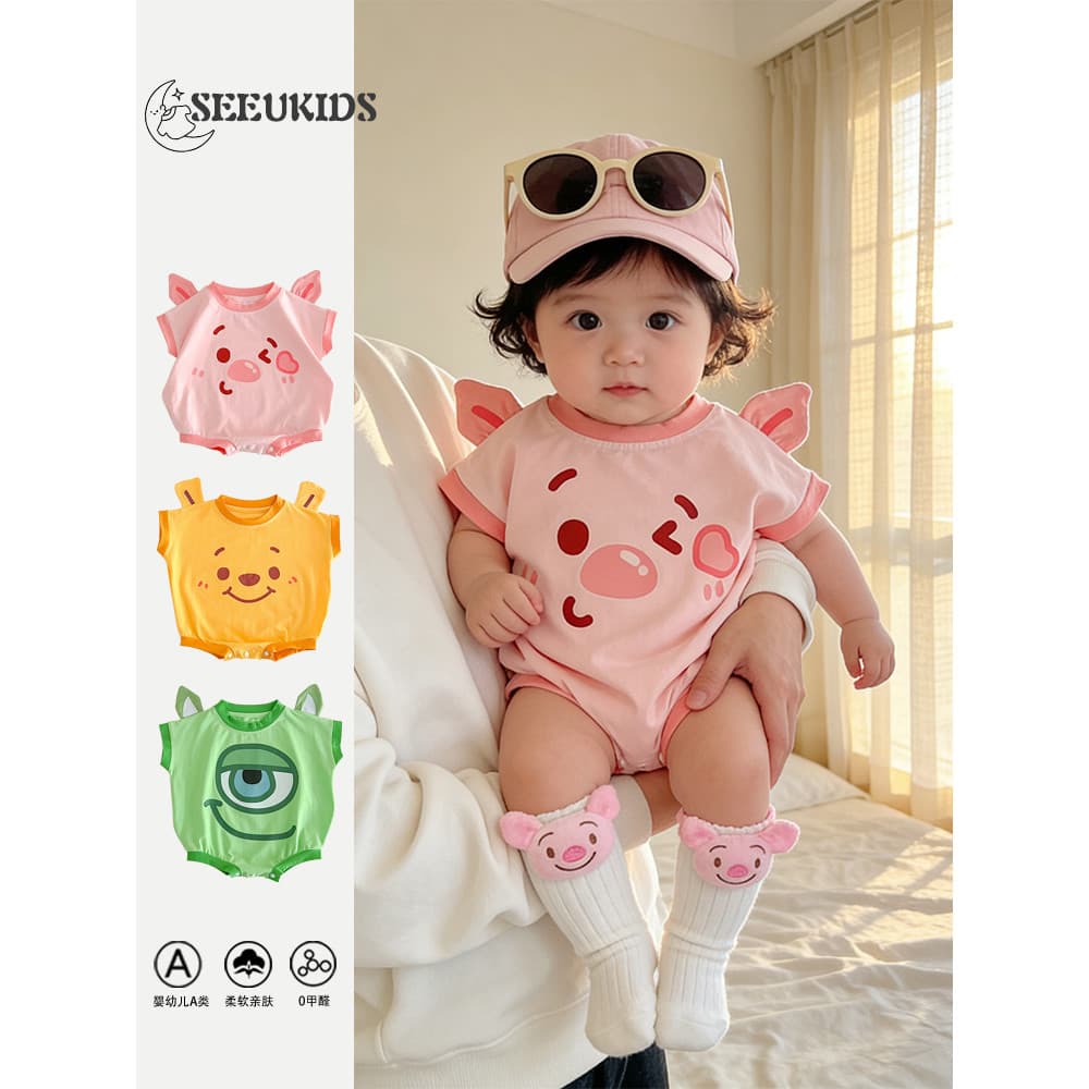 26 anos bonito respirável bebê menina dos desenhos animados algodão Piggy triângulo bebê macacão verão recém-nascido ros