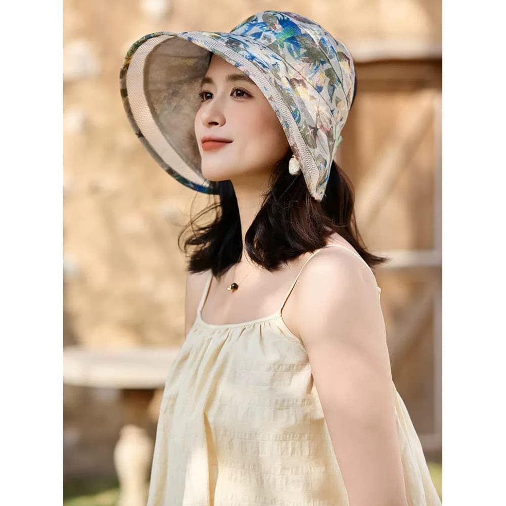 Chapéu de sol feminino verão ao ar livre aba grande impresso protetor solar respirável férias à beira-mar chapéu de sol