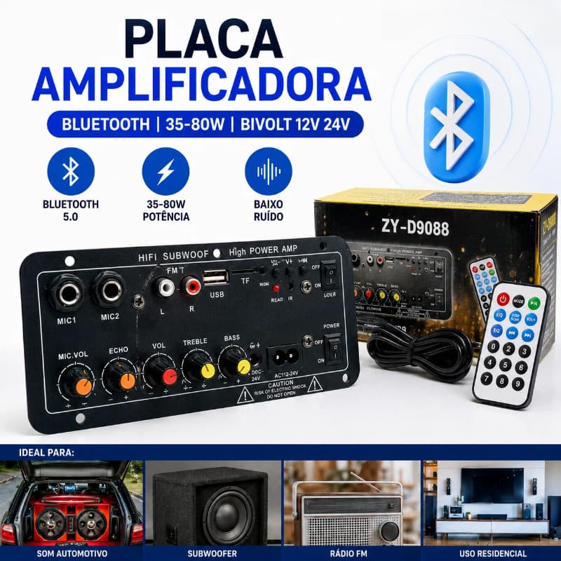 Placa Amplificador Bluetooth 35-80W Bivolt 12V 24V Subwoofer Automotivo Pronta Entrega