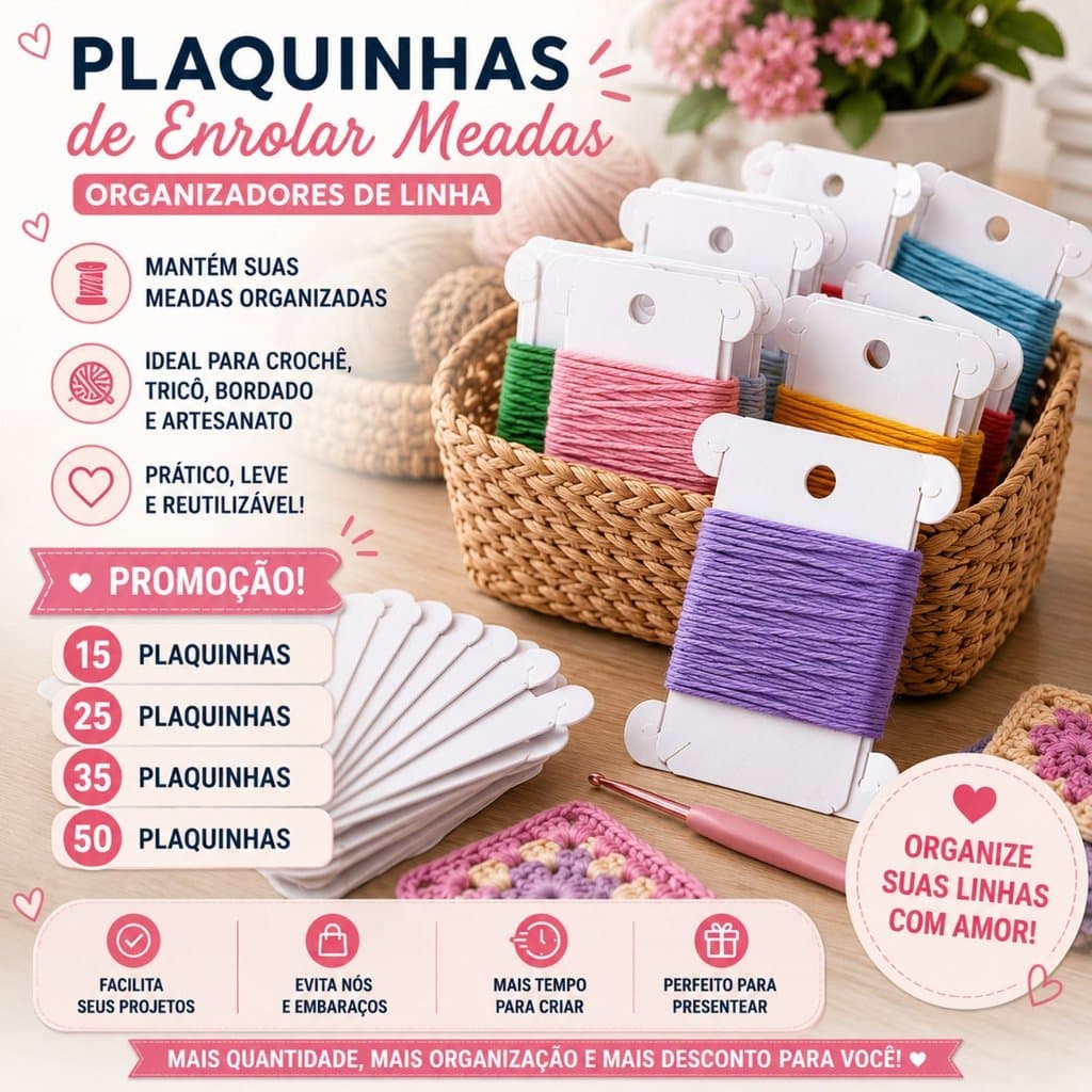 Kit Plaquinhas Enroladoras de Meadas Organizador de Linhas para Bordado Crochê Tricô 15 25 35 ou 50 Unidades