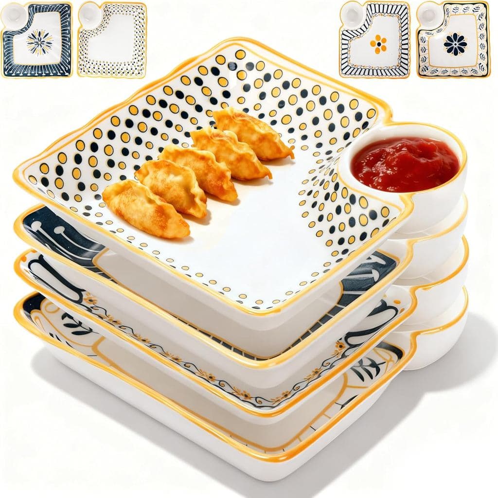Conjunto de 4 Pratos para Dumplings com Pires para Molho, Prato de Cerâmica Japonês para Sushi de 7,5", Prato Quadrado C