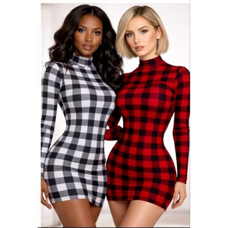 Vestido Xadrez Gola Alta Manga Longa Canelado Justo Modelador Curto Inverno Feminino