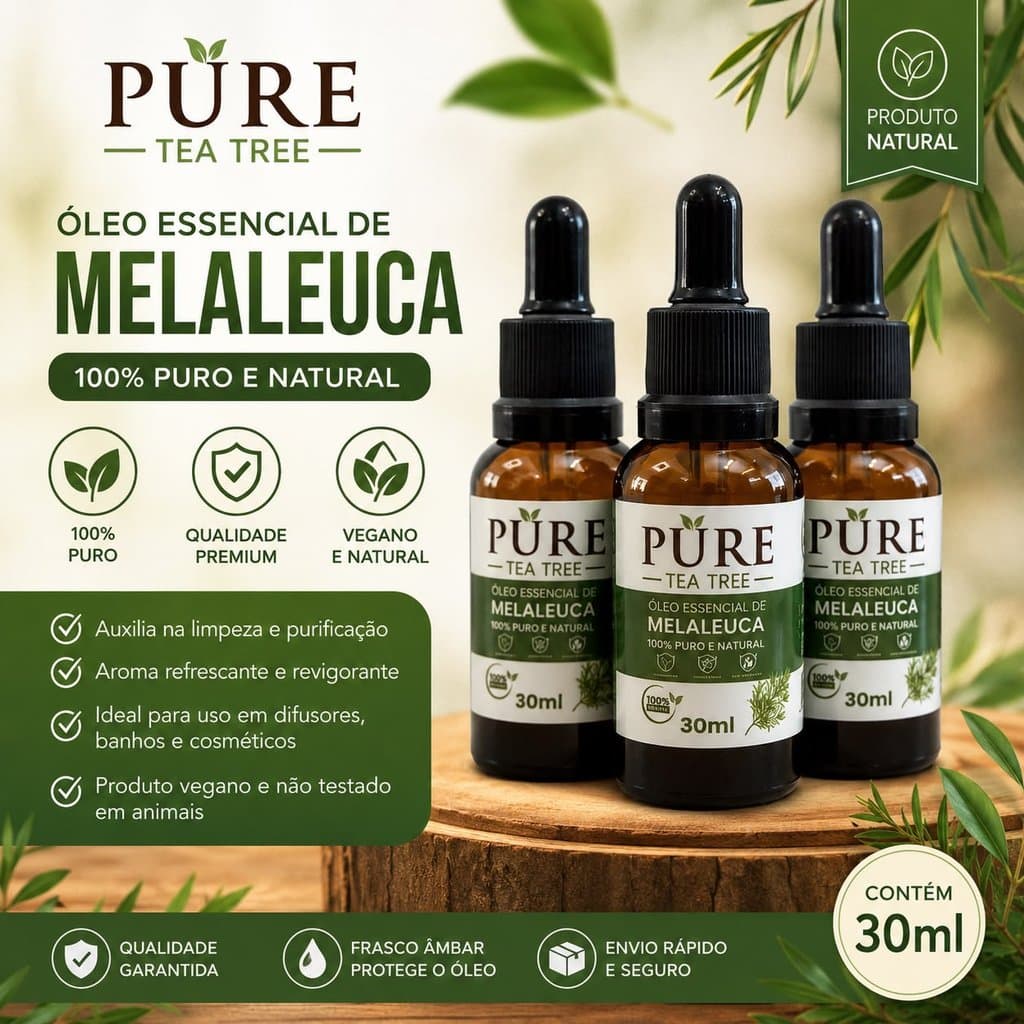 Óleo Essencial de Melaleuca 100% Puro  Kit 1 2 3 UNIDADES Tea Tree 30ml Cada - Com Conta Gotas