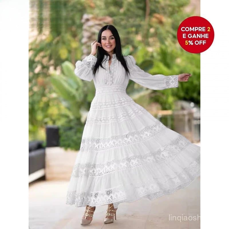 Vestido Midi Feminino Branco Bordado de Manga Longa para Festa, com Renda e Recortes, Modelo Evasê M9LL AM0N