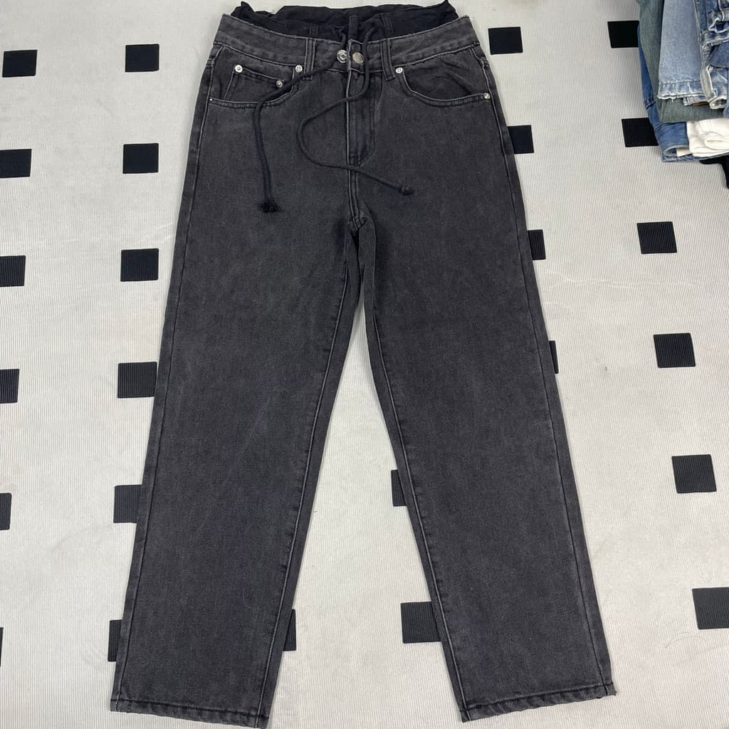 Pequeno pequeno Jeans reto feminino outono inverno calças de perna larga cordão costura falso de duas peças preto cinza