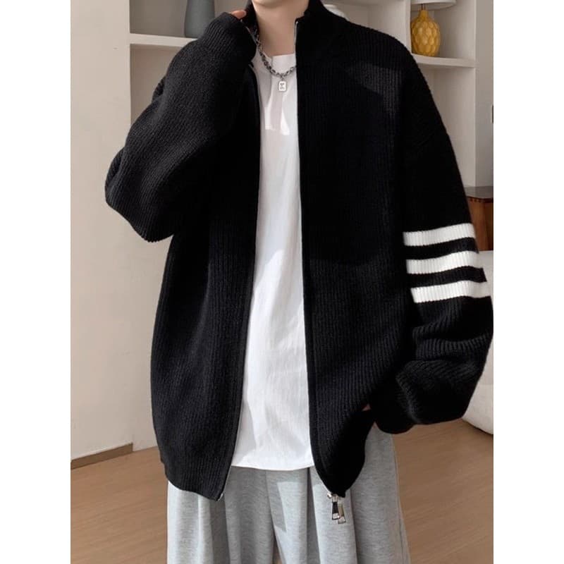 Duplo zíper gola alta Cardigan camisola masculina outono inverno preguiçoso High-End luz estilo maduro jaqueta solta trê