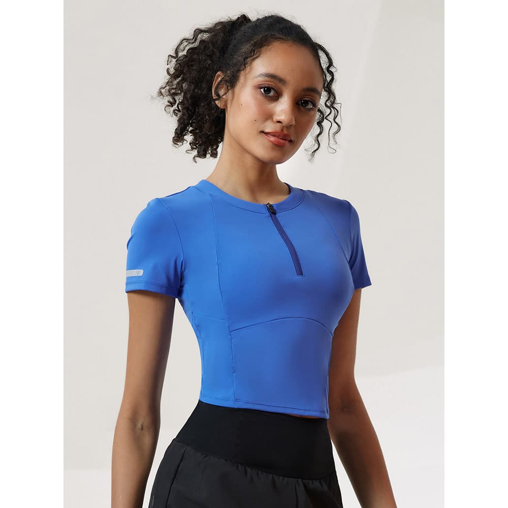 Cosleaf/cosleaf Fitness Top Mulheres Verão Meio Zíper Stretch Sports Camiseta Slim-fit Slimmer Look Roupas de Yoga