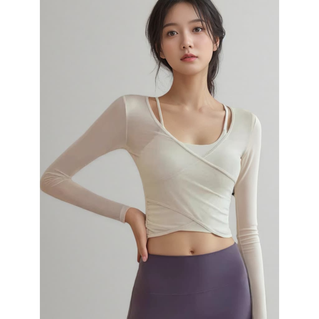 Roupas de Yoga de manga comprida cintura estreita topo feminino malha em camadas Design com almofadas no peito mais magr