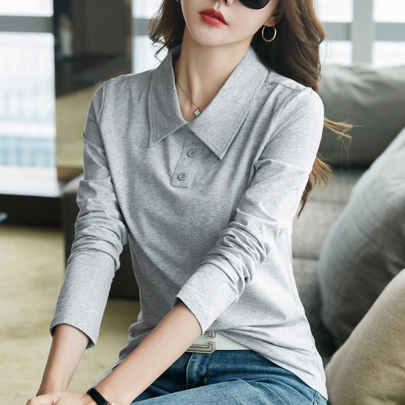 · Camiseta feminina de algodão mercerizado, manga comprida, lapela, 2025, primavera, outono, nova camisa, gola, cor sóli