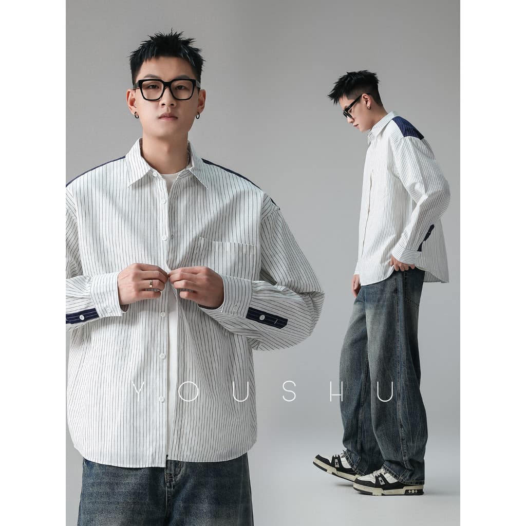 American Street Wear Camisa de lapela listrada masculina primavera novo estilo Design solto street wear série miu mangas