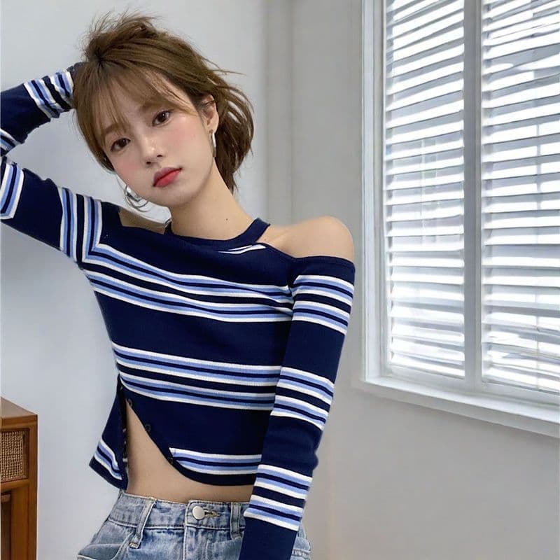 Halter listrado camiseta feminina ins curto sem alças Design nicho primavera outono fino ajuste umbigo exposto manga com