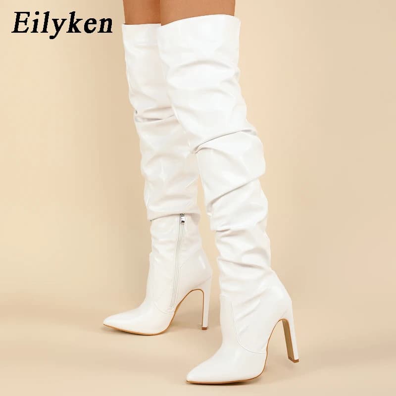 Botas Altas Plissadas Eilyken, Bico Fino, Zíper, Salto Stiletto Quadrado, Design Moderno, Sapatos Femininos Marrons