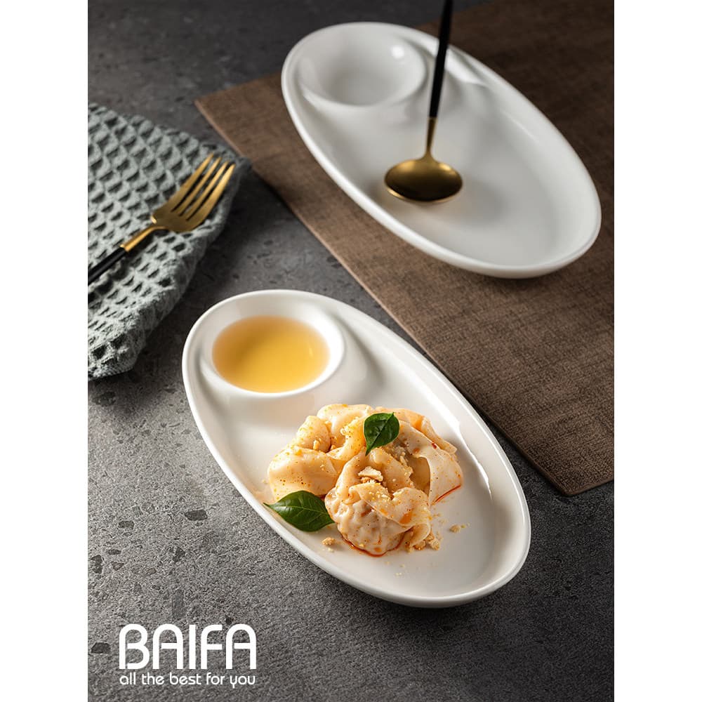 Prato de bolinho de Sushi doméstico, prato de cerâmica para vinagre, criativo, branco, Oval, branco puro, batatas fritas