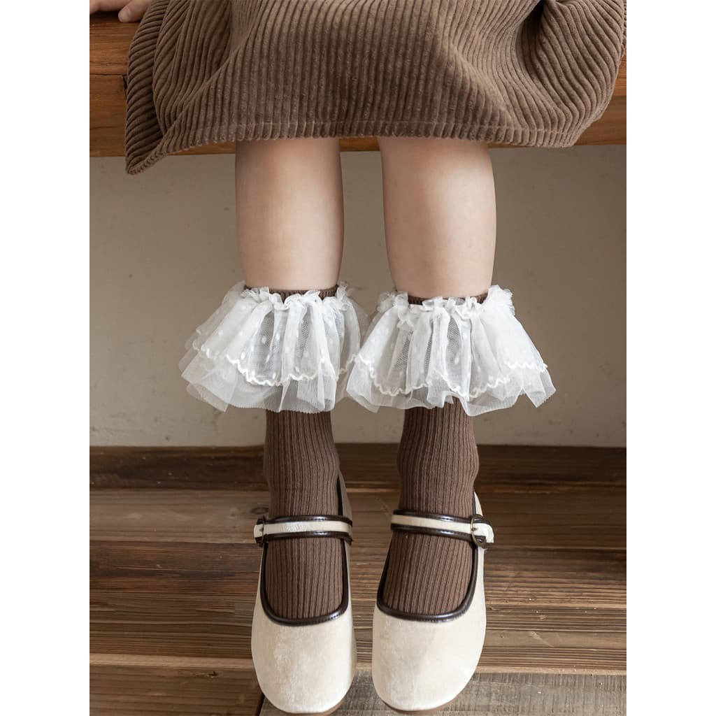 Meninas crianças meias de tubo médio primavera outono malha estilo ocidental princesa renda Lolita bezerro pilha meias b