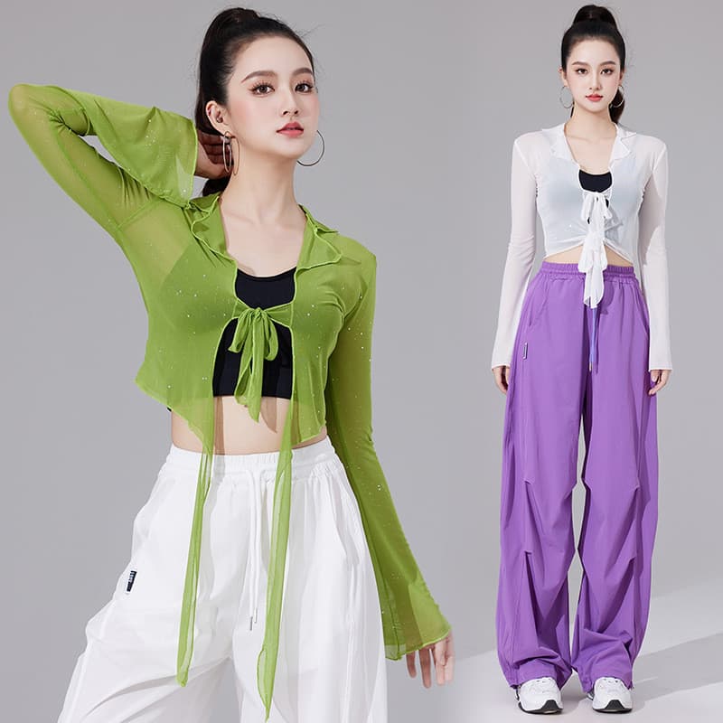 Verão lapela prata polvilhada lantejoulas gaze camisa de manga comprida feminina Design Irregular bandagem protetor sola