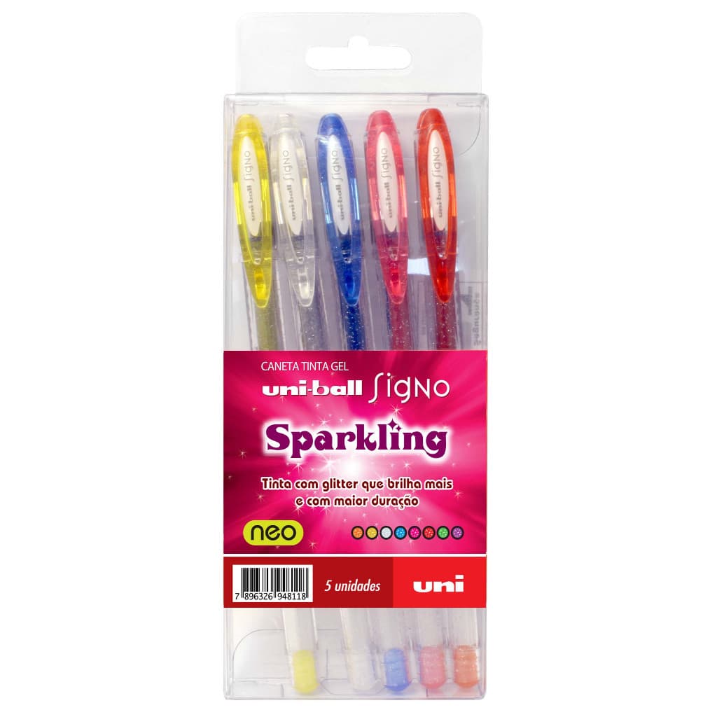 Kit 5 Caneta Gel Uni-Ball SIGNO Sparkling Estojo c/5 unidades sortidas Com Glitter Material Escolar