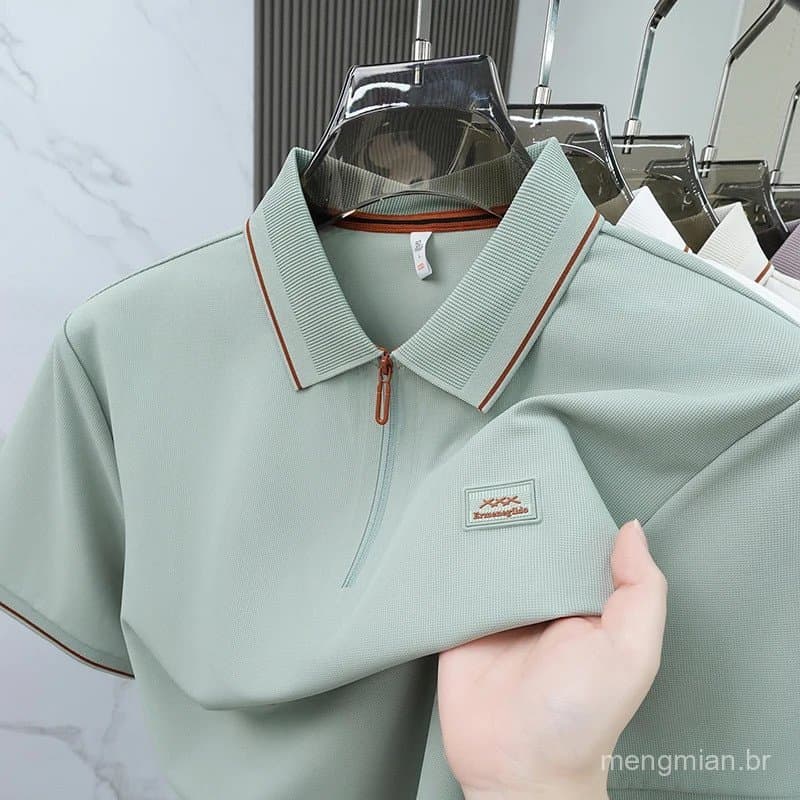 Camisa polo de manga curta de luxo de marca de moda, nova para o verão, respirável, com meio zíper, camiseta com letras