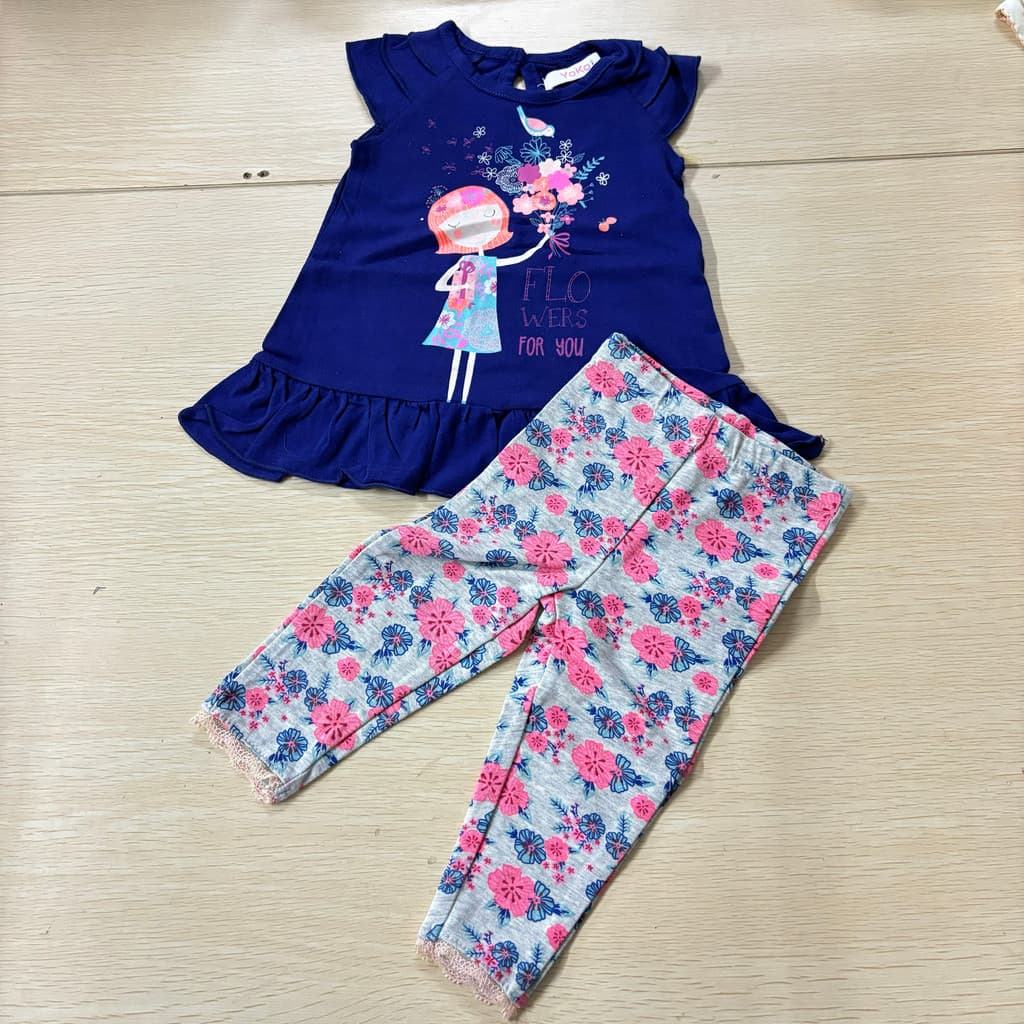 Comércio exterior pedido Original meninas verão terno de algodão orgânico azul escuro menina impresso topo + calças flor