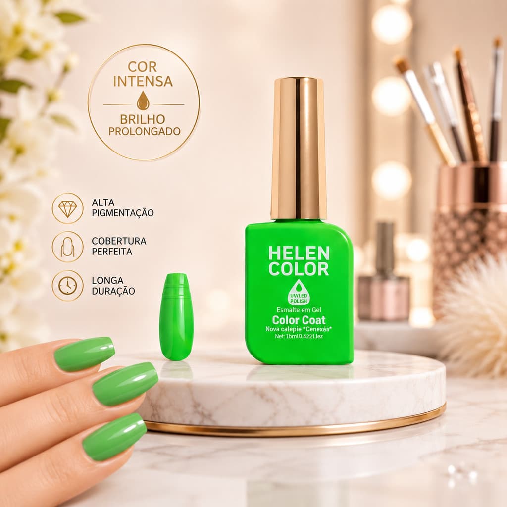 Esmalte em Gel Helen Color Coleção Conexão Cor 144 Verde Neon UV/LED 12ml Alta Pigmentação