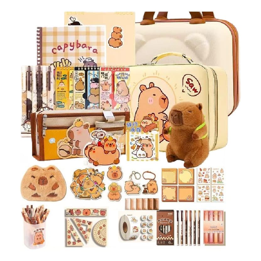 Kit Papelaria Capybara Fofo 31 Peças Maleta | Conjunto Escolar Completo e Seguro