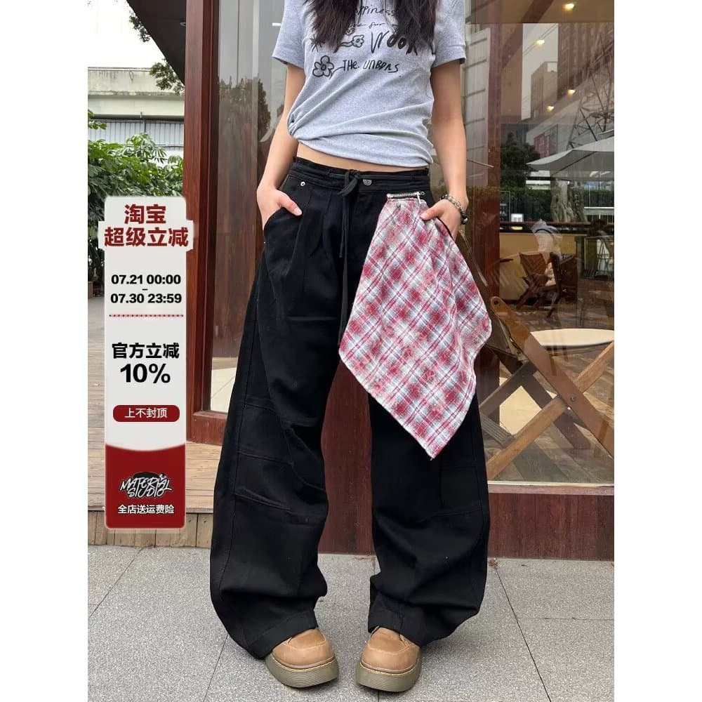 Design americano destacável zíper lenço quadrado Jeans masculino feminino preto solto Machete calças casuais