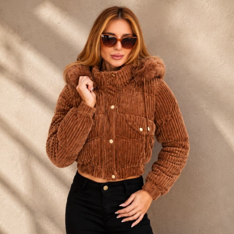 Jaqueta de Frio Feminina Cotele Casaco Puffer Veludo Confortável Peluciada Off White Marrom Inverno