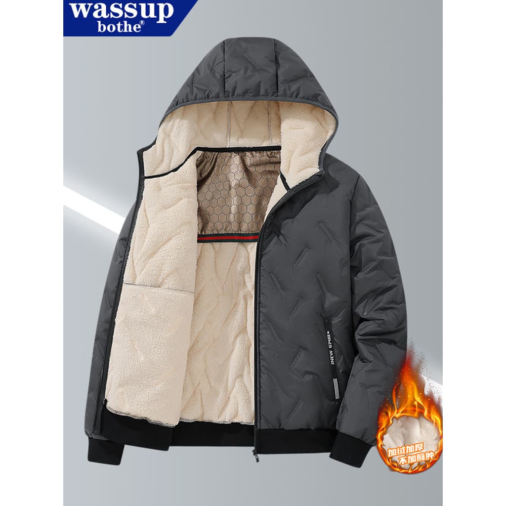 WASSUP Jaqueta acolchoada de lã de cordeiro de inverno forro de lã masculino engrossado quente grafeno com capuz jaqueta