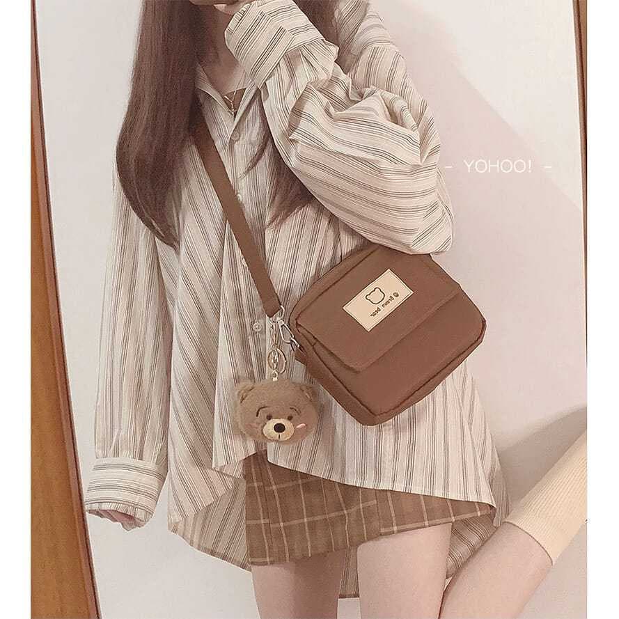 Bonito urso japonês mochila lateral de náilon bolsa quadrada feminina bolsa de ombro de lona ins bolsa mensa