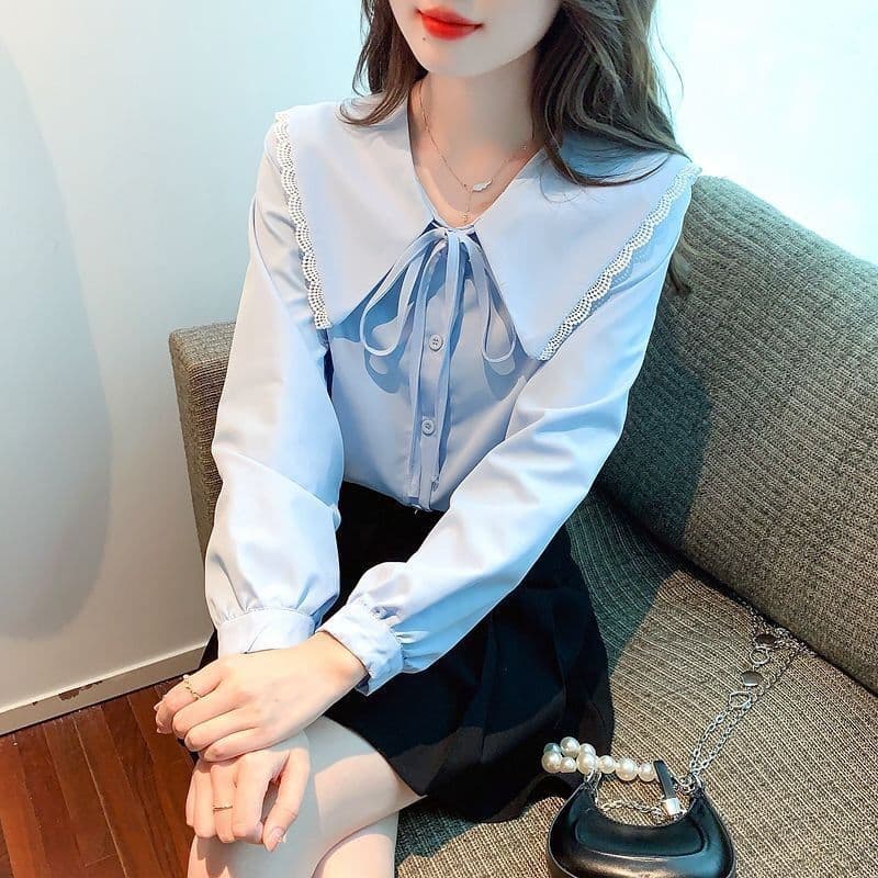 Gravata borboleta suave doce camisa feminina outono inverno novo estilo gola boneca renda redução de idade chique camisa