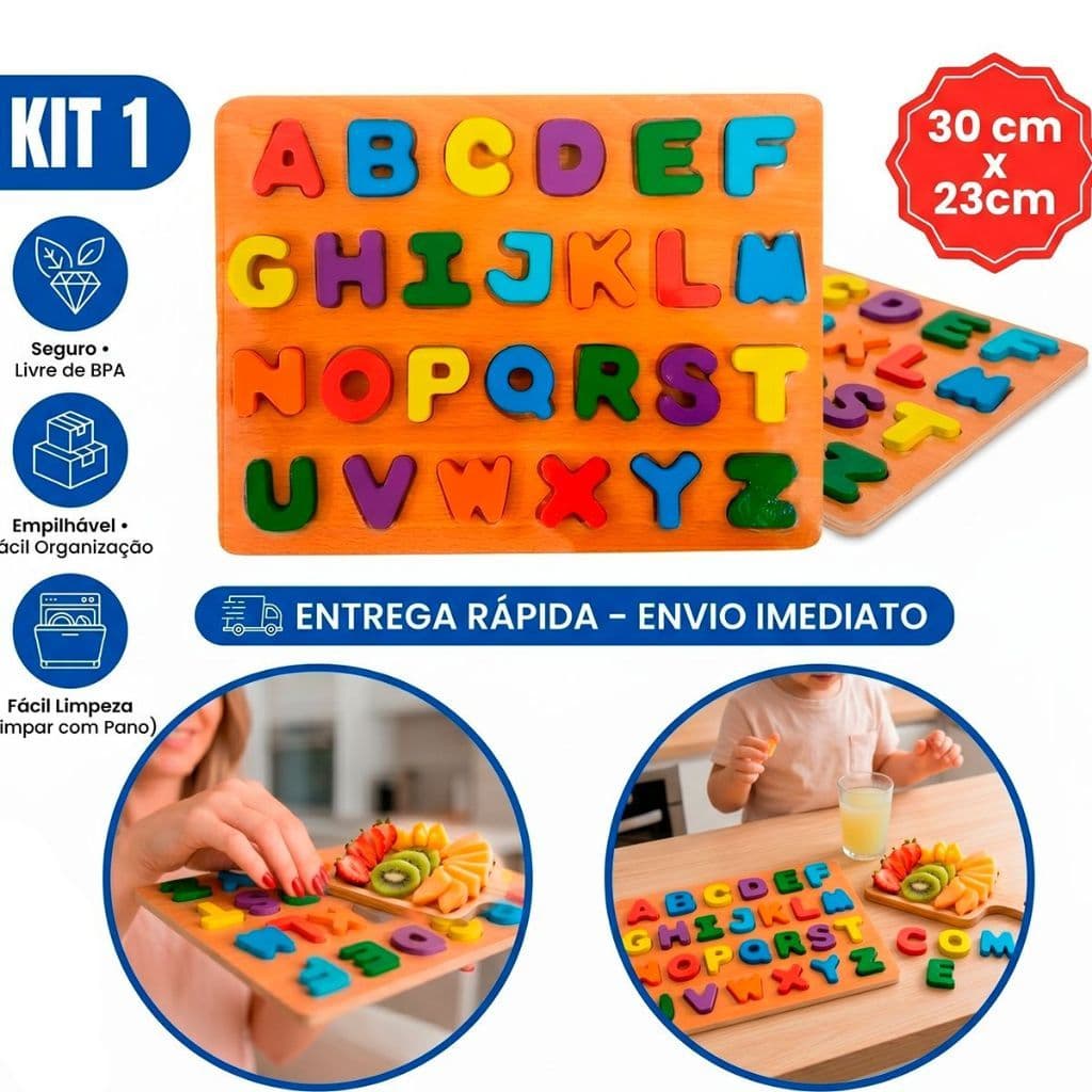 Brinquedo Educativo Tabuleiro de Mdf Encaixe Letras Do Alfabeto Figuras Pedagogico