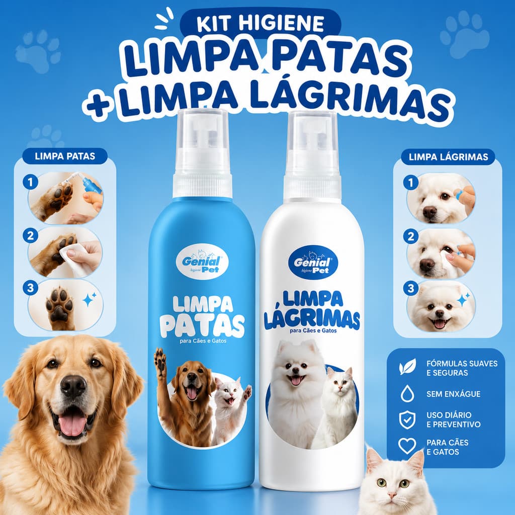 Kit Limpa Lagrimas + Limpa Patas Cães e Gatos Spray - Clean Patinhas Banho Limpador Cachorro Gato Filhote Filhotes