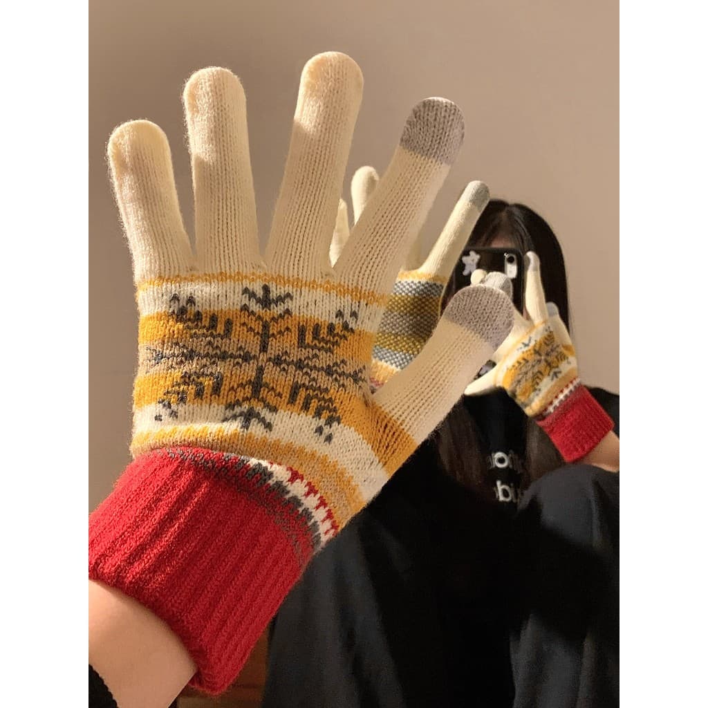 Bonito floco de neve tela sensível ao toque de pelúcia malha luvas de cinco dedos feminino inverno calor forro de lã eng