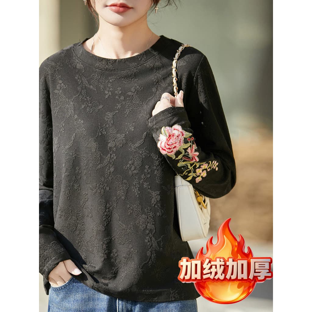 Estilo chinês bordado Jacquard manga comprida camiseta feminina preto em torno do pescoço All-Match Bottoming High-End t