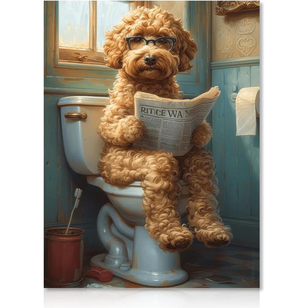 Dazzlewall Funny Animal Bathroom Wall Art Dog Reading the Newspaper on Toilet Dog Canvas Painting for Toilet Bathroom 12