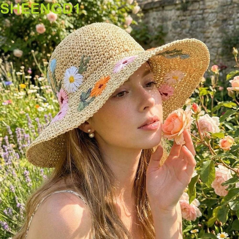 SHEENGD1 Chapéu De Palha Flor , Boho Colorido , Viseira Dobrável Com Flores Bordadas , Chapéus De Sol Femininos Para Fes
