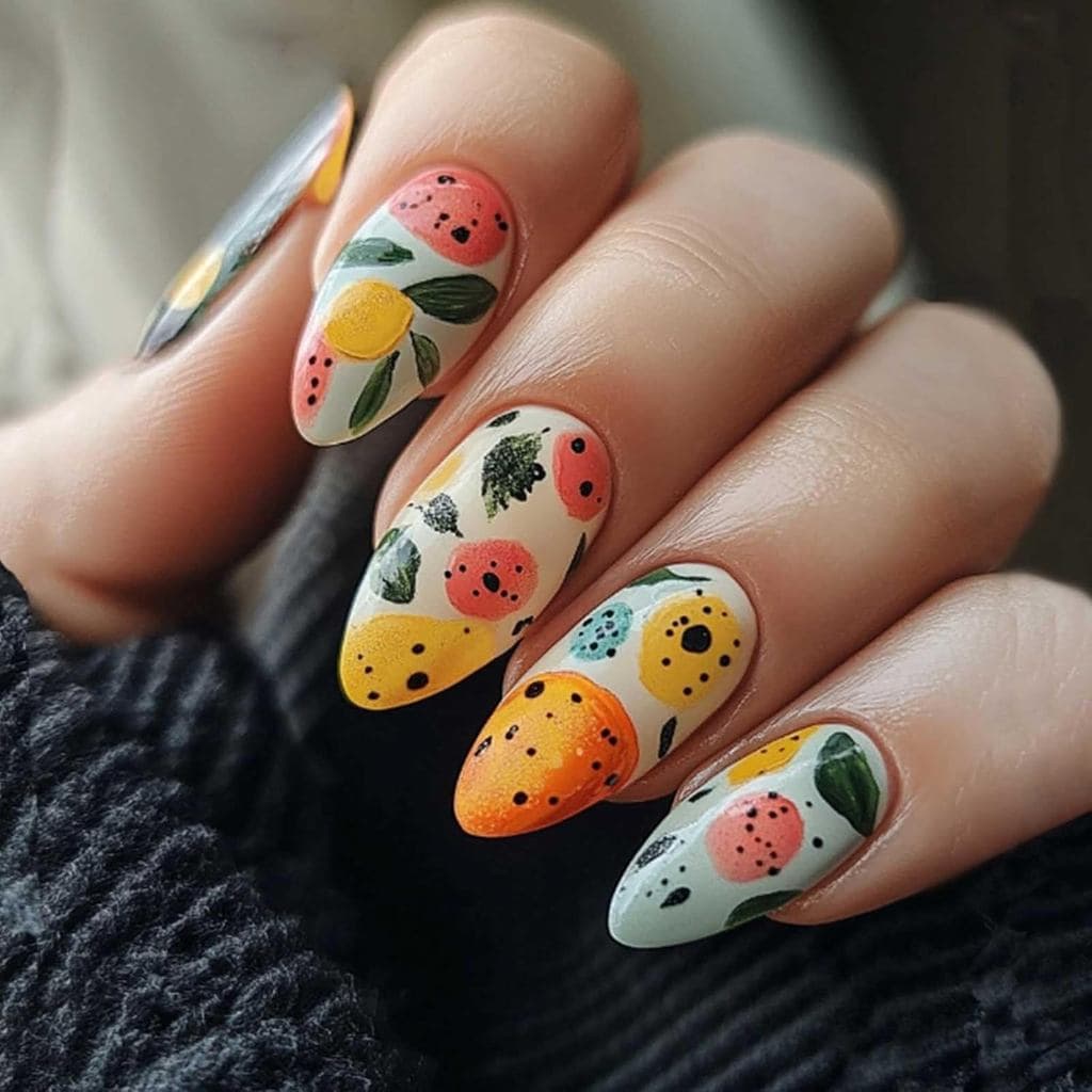 Unhas Falsas Curtas De Amêndoa , Frutas , Graffiti , Prensa Em , Pontas De Fofas , Acrílico , Cobertura Completa , Para