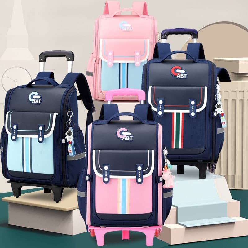 Mochila de Rodinhas Estilo Britânico 2024 para Meninos e Meninas, Mochila Escolar Infantil com Rodas Removíveis