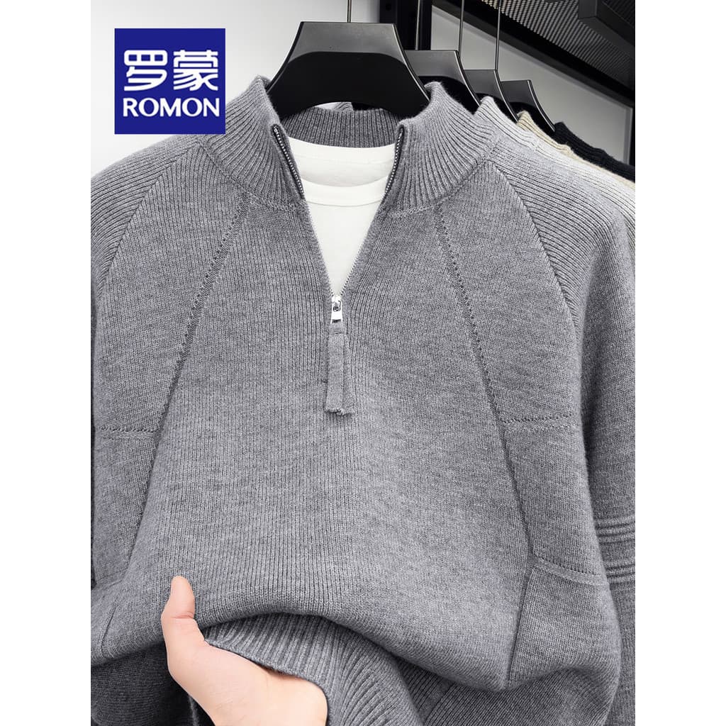 Lomon 2026 outono inverno masculino gola alta meio zíper camisola moda costura All-Match camisa de fundo camisola quente